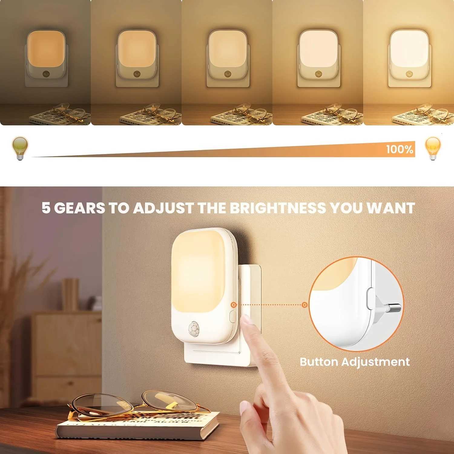 1/2Pc EU Plug Night Light with Motion Sensor LED Night Light Socket with 3 Modes and 5 Brightness Dimmable for Bedroom M251118