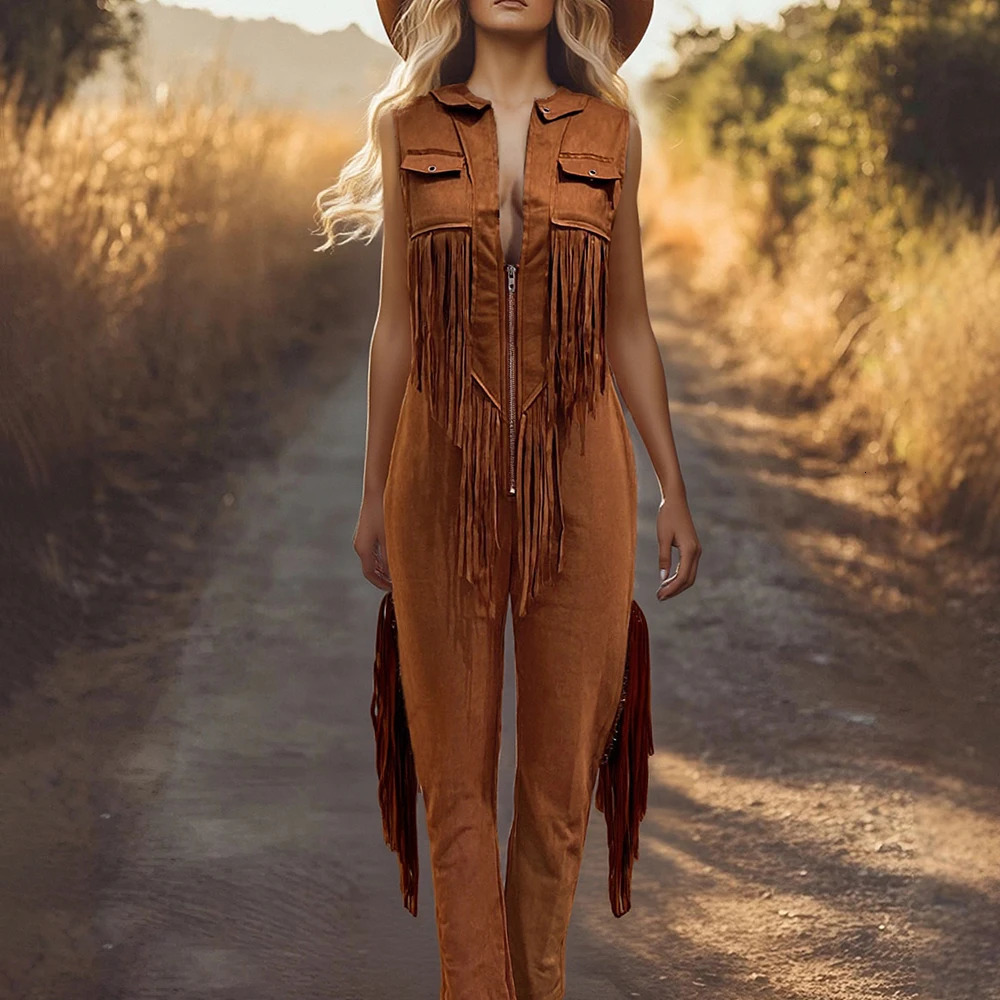 Womens Spring Autumn Jumpsuits 2025 Sleeveless Fringe Detail SplitNeck AnkleLength Jumpsuit for Bohemian Vacation Style 251110