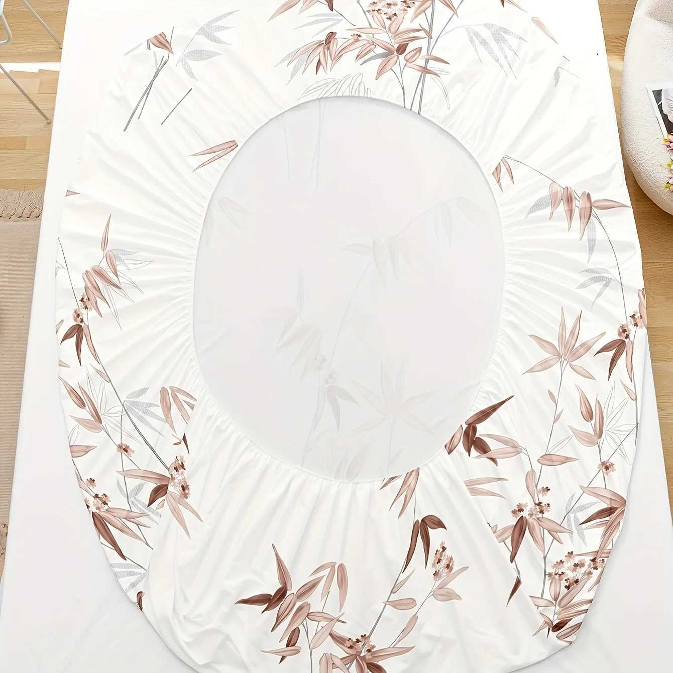 3pcs Bamboo Leaf Print Fitted Sheet Set - Soft Breathable Comfortable Hypoallergenic Bedding for Bedroom Guest Room - 1 FittM251118