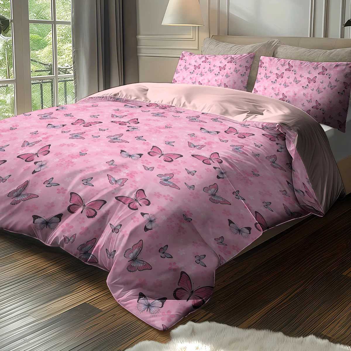 3-piece Pink Butterfly Printed Coreless Bedding Set Soft and Comfortable Suitable for Various Sizes of Dormitory BedroomsM251118
