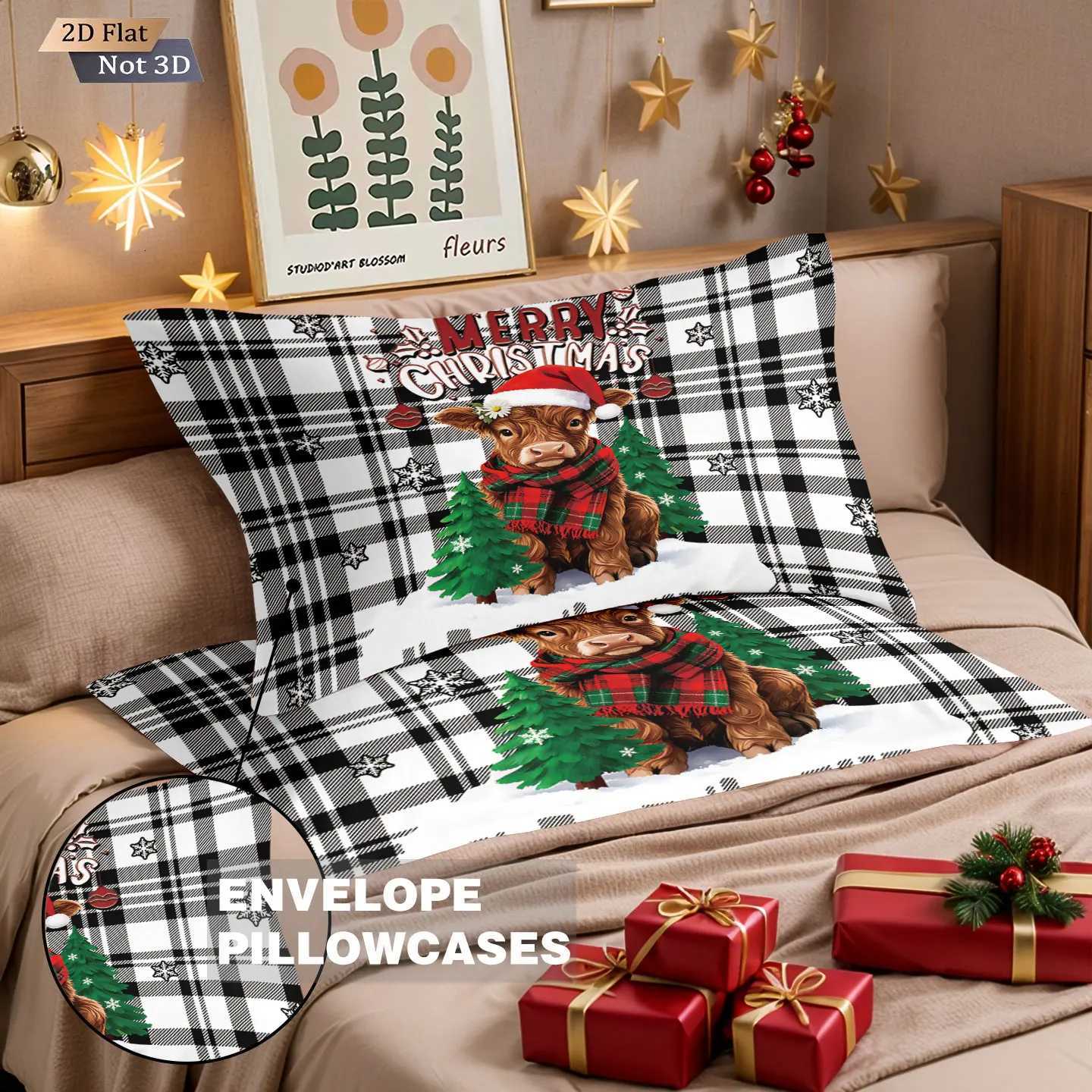 3pcs checkered Christmas highland cow print coreless bedding set multi size bedroom duvet cover decoration machine washableM251118