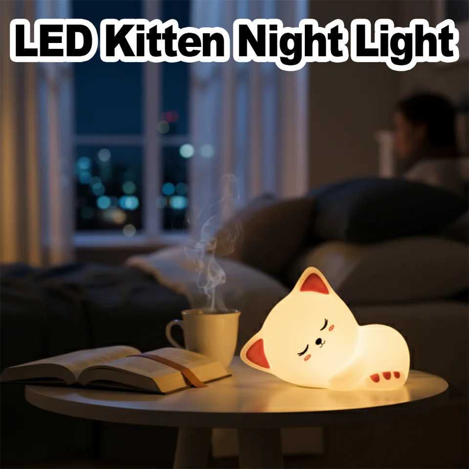 Soft Kitten Night Light Bedside Led For Bedroom Silicone Animal Lamp Room Decor Cartoon Decorative Table Lights Cat Rechargeable M251118