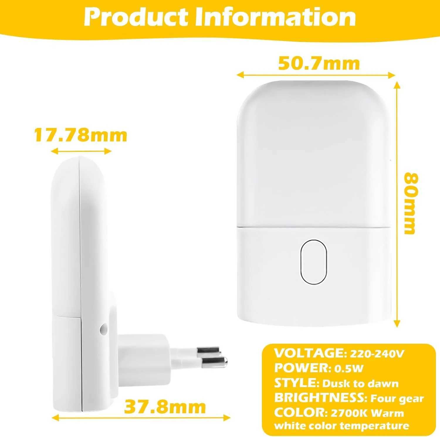 1/2/4pcs LED Night Light Adjustable Brightness Warm White Mini Night Light with Auto On/Off Wall-Mounted Plug-In M251118