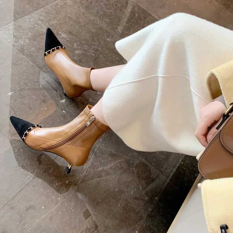 Fashion Ochanmeb Wen Luxury Designer Chain Mix-color Boots Sheep Suede Pointy Toe Kitten Heel Ankle Boot Nude Autumn Winter Shoe Botas Y251118