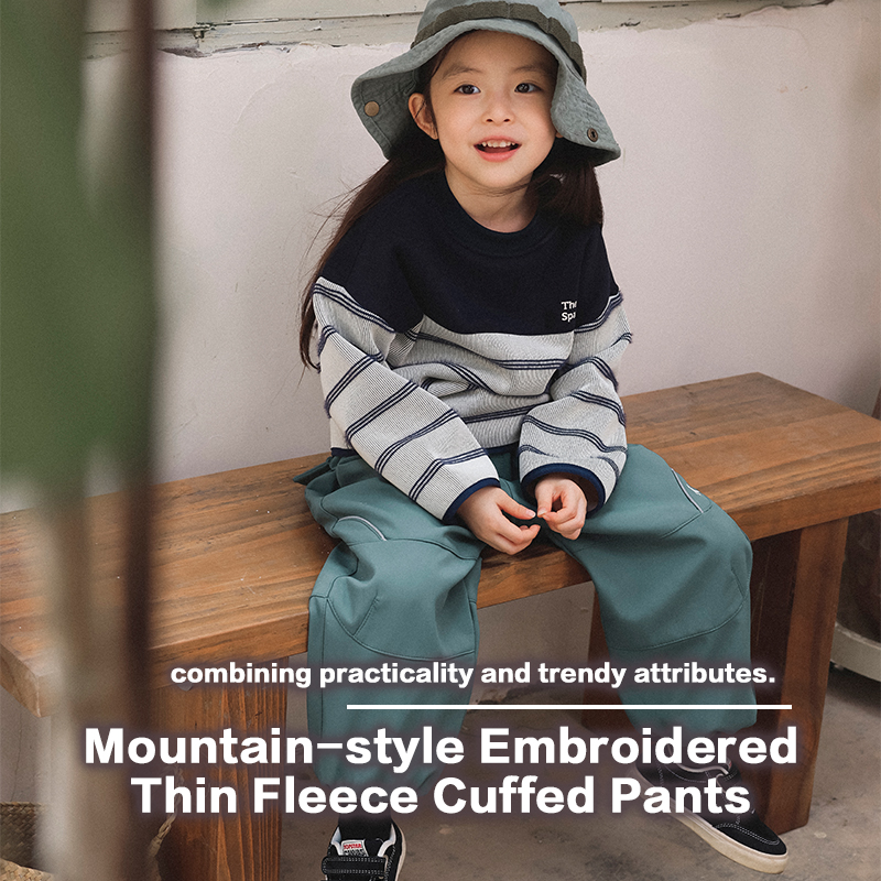 Children's Embroidered Thin Fleece Cuffed Pants, Mountain-Style Water-Repellent Thermal Trousers, Comfortable Hiking & Casual Wear for Kids 25AG3
