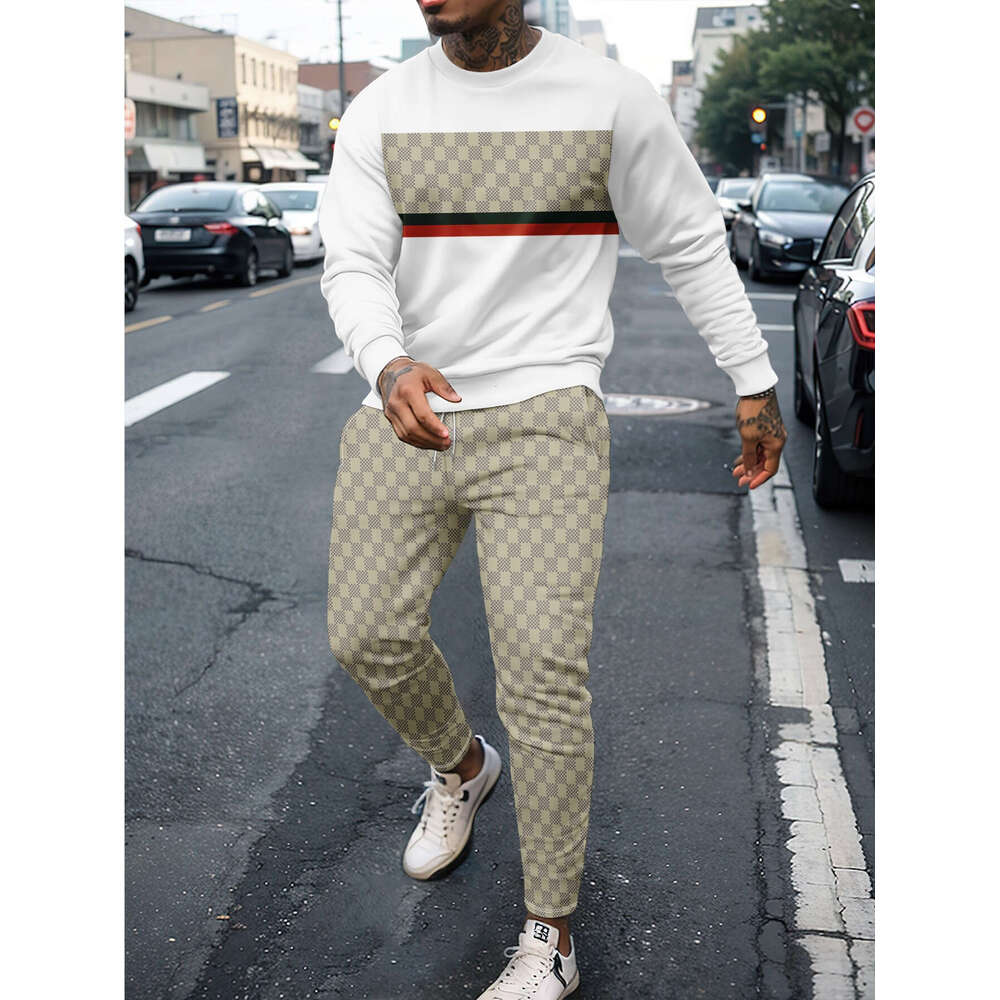 3D Printed Round Neck Drop Shoulder Sweatshirt And Joggers Two-Piece Set, Casual Sport Men's Outfit, Can Be Used As A Gift, Jogging Pants