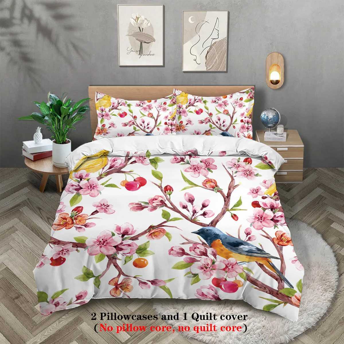 3pcs Spring Themed Bird and Flower Printed Bedding SetFor Bedroom Guest Room 1Duvet Cover 2 case NO CoreM251118