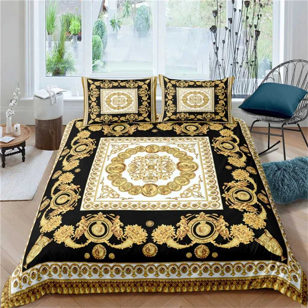 Luxury Black Gold 3Pcs Geometric Queen King Full Size Duvet Cover Bedding Linen Set 2 Seater Bedspread 200x200 240x220 150x200M251118