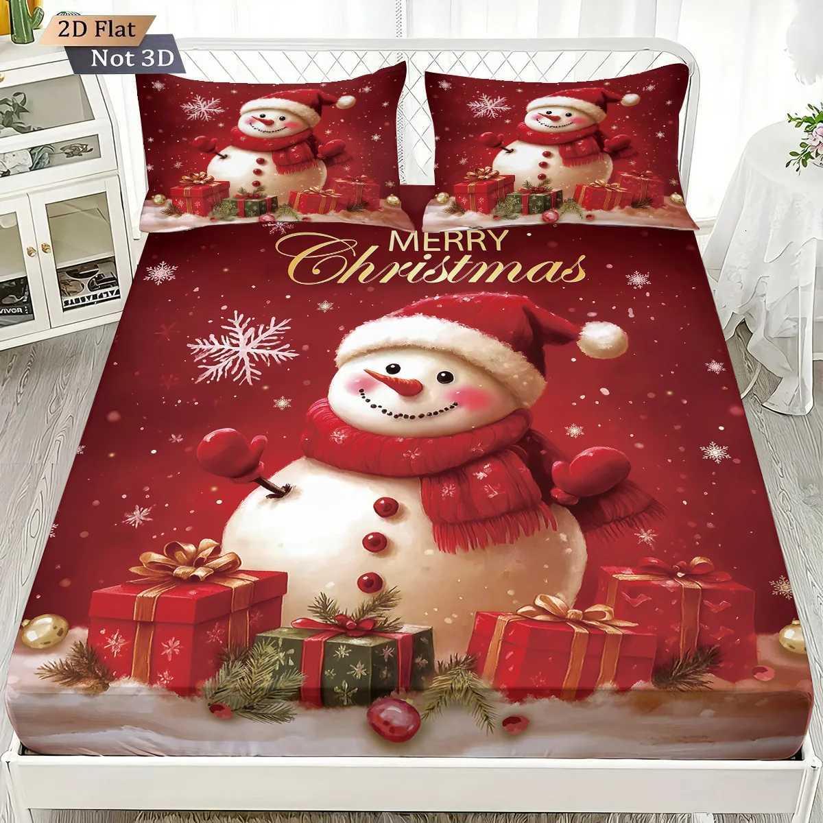 3pcs Christmas Snowman Red Printed Chipless Bed Sheet Set Multi Size Soft Bed Cover Bedroom Bedding Decoration Machine WashableM251118