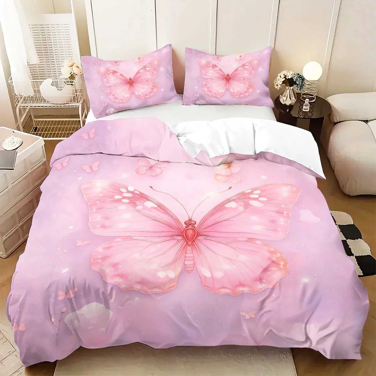3pcs pink butterfly patterned duvet cover set 1 duvet cover2 cases coreless Soft and comfortable bedding setM251118