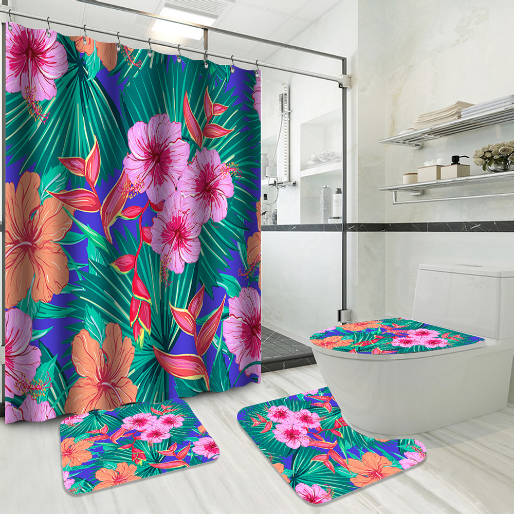 YL-37737 Hot Selling Shower Curtain 4-Piece Set, Green Plant Series, Waterproof and Mildew-Proof Shower Curtain, No Drilling Required