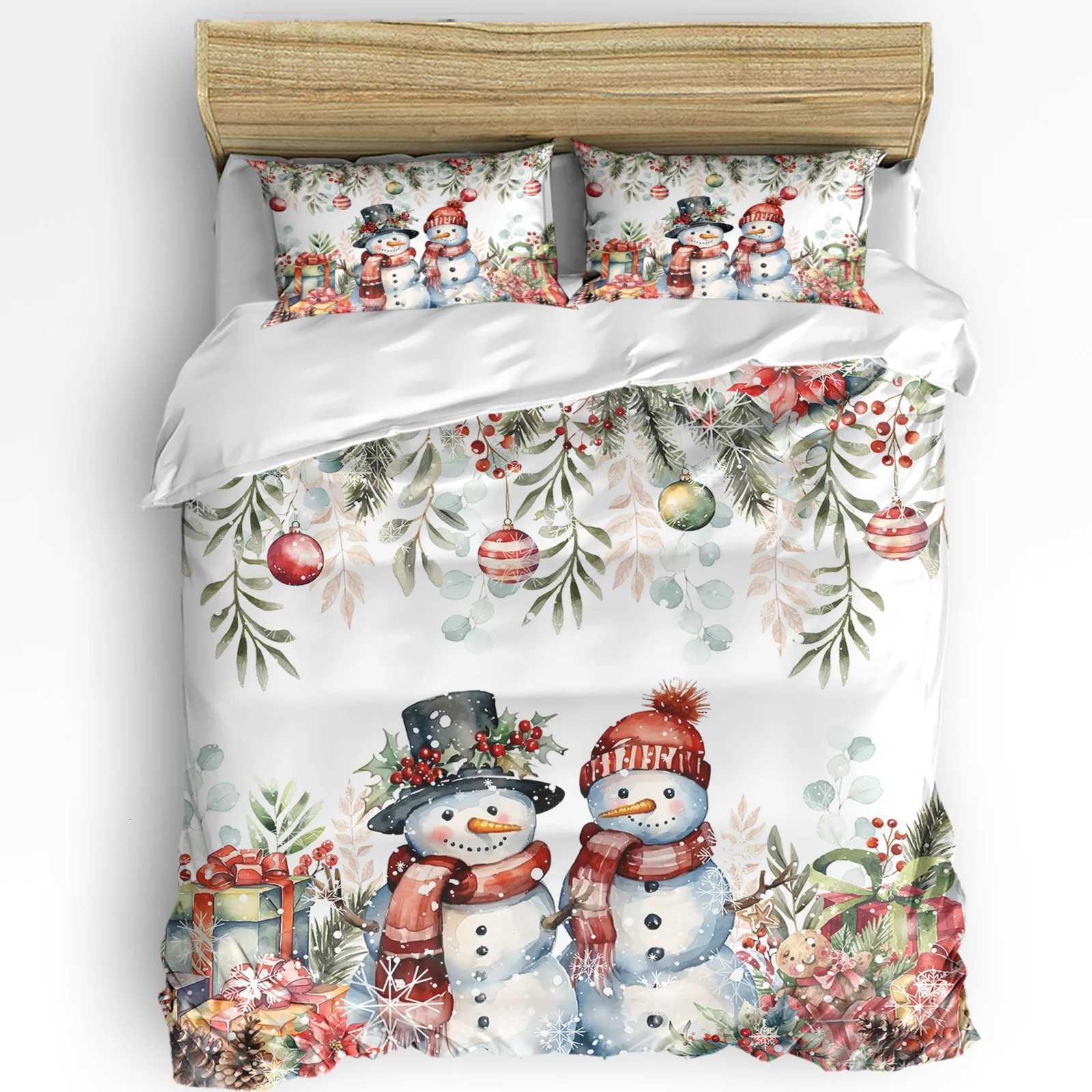 Christmas Poinsettia Ball Fir Leaves Snowman 3pcs Bedding Set For Double Bed Home Textile Duvet Cover Quilt Cover caseM251118