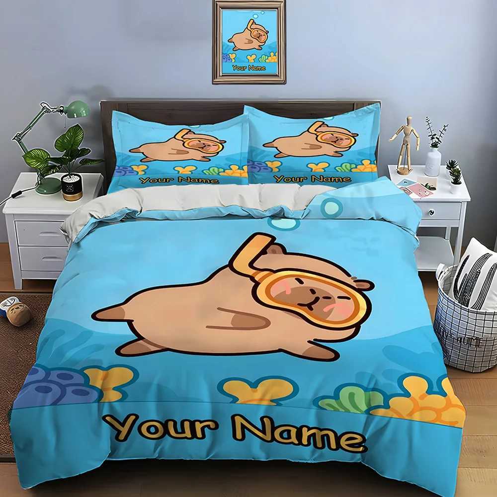 Personalization Custom Name Quilt Cover Cartoon Capybara Print 3 Pieces Setting Bed King Size case Bedroom Bed Set GiftsM251118