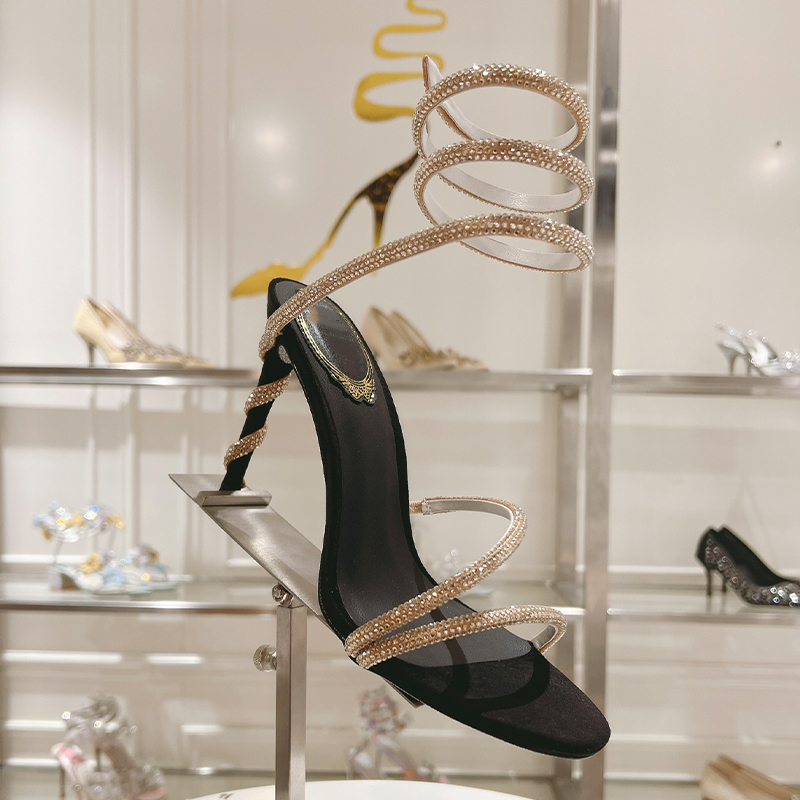 Rene Margot Crystal-embellished suede sandals Snake Strass stiletto Heels women's high heeled Luxury Designers Ankle Wraparound Evening shoes factory footwear
