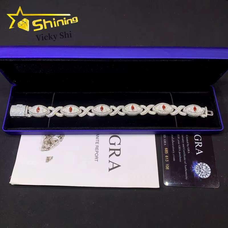 New Design S Sier Iced Out Moissanite Evil Eyes Link Custom Men Full Dia Hip Hop Cuban Bracelet