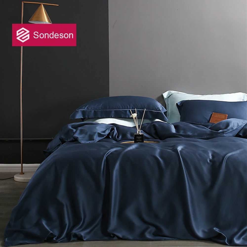 Sondeson Nature 100 Silk Dark Blue Bedding Set Healthy Skin Beauty Queen King Duvet Cover Set Flat Sheet case Bed LinenM251118