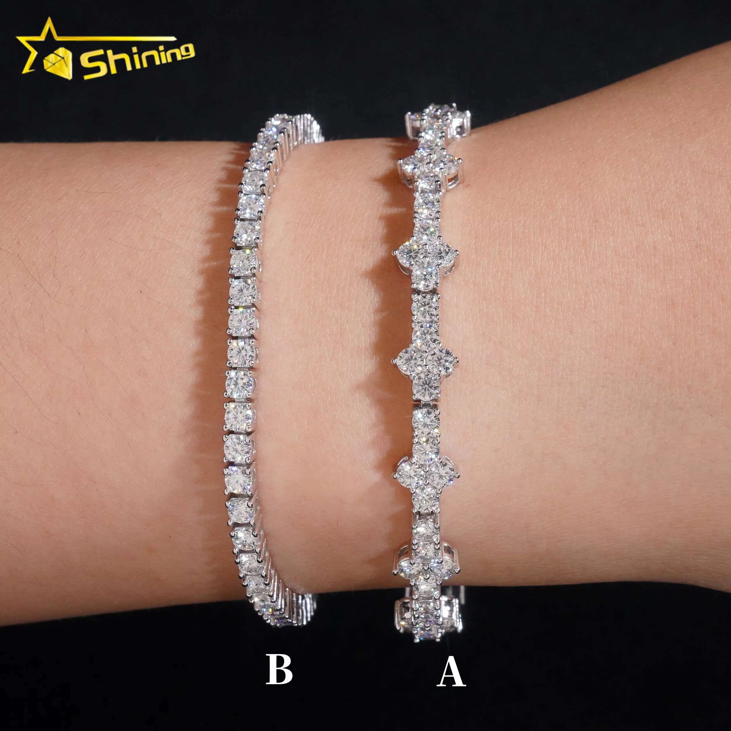 Stylish New Arrival Fashion Femme Design Sier VVS Moissanite Dia Iced Out Four Leaf Clover Cross Tennis Chain Bracelet