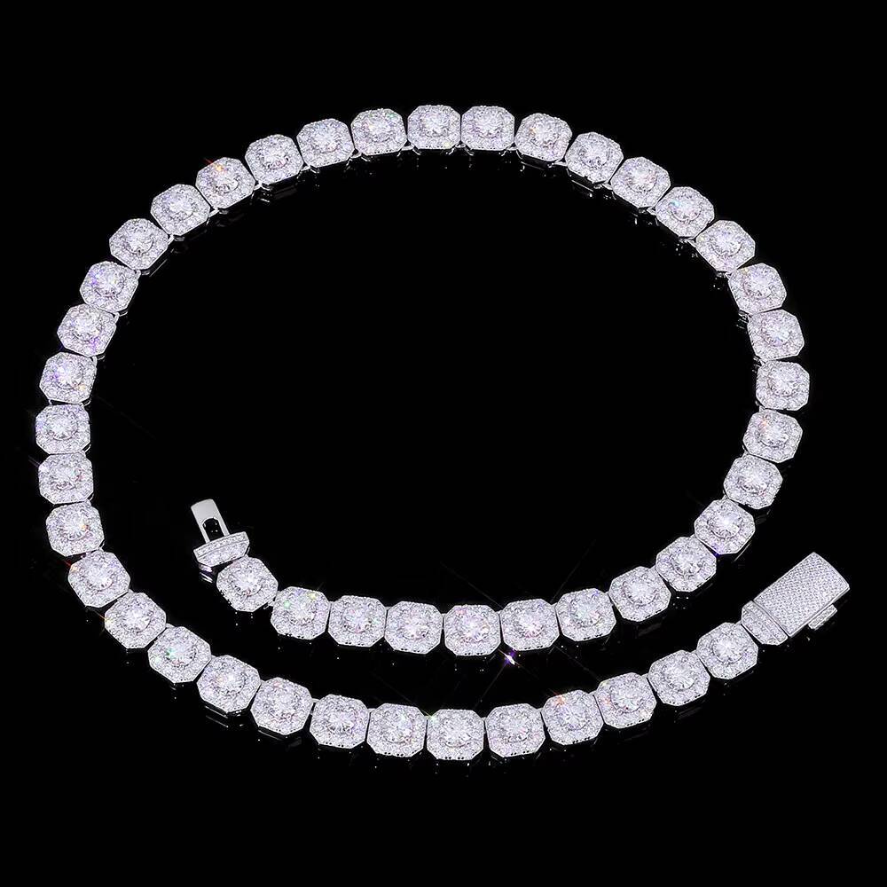 Laboratory cultivation 10mm 12mm Iced Out VVS Moissanite Tennis Chain 925 Sterling Silver Clustered Tennis Chain Hip Hop Necklace for Men Women