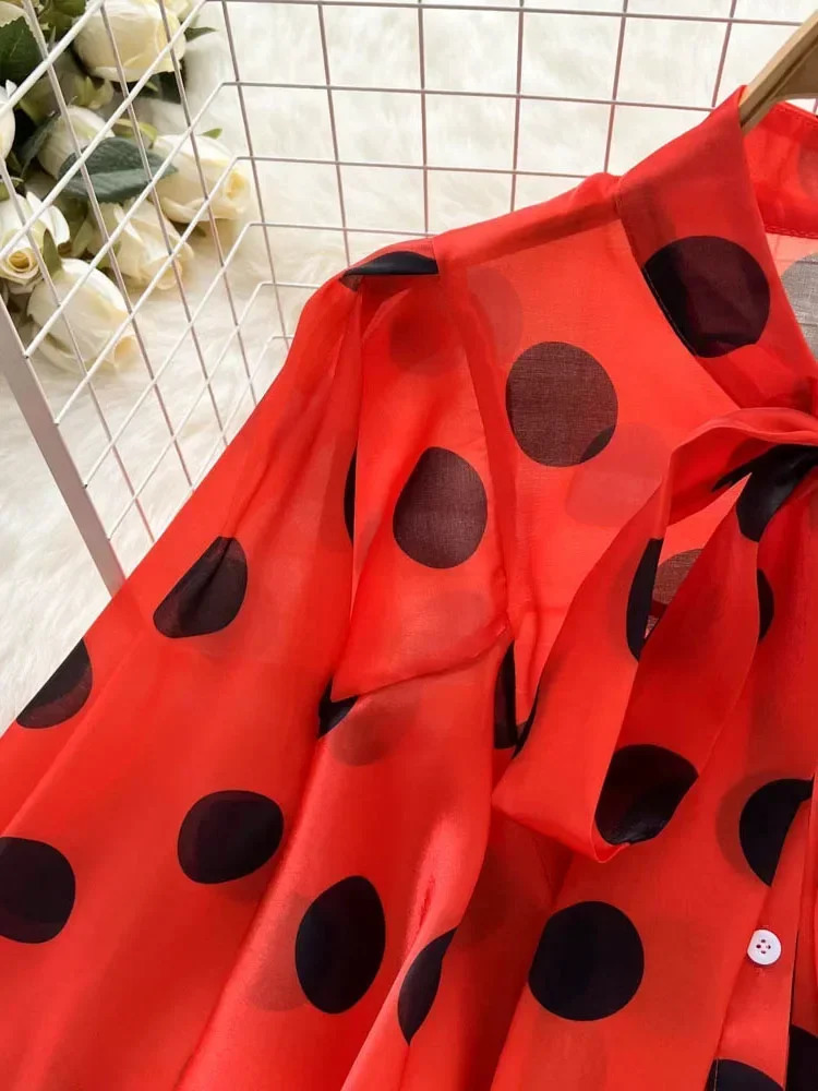 Womens Spring Summer All-match Chiffon Shirt Bow Tie Long-sleeved Polka Dot Western-style Top Blouse D999 250417