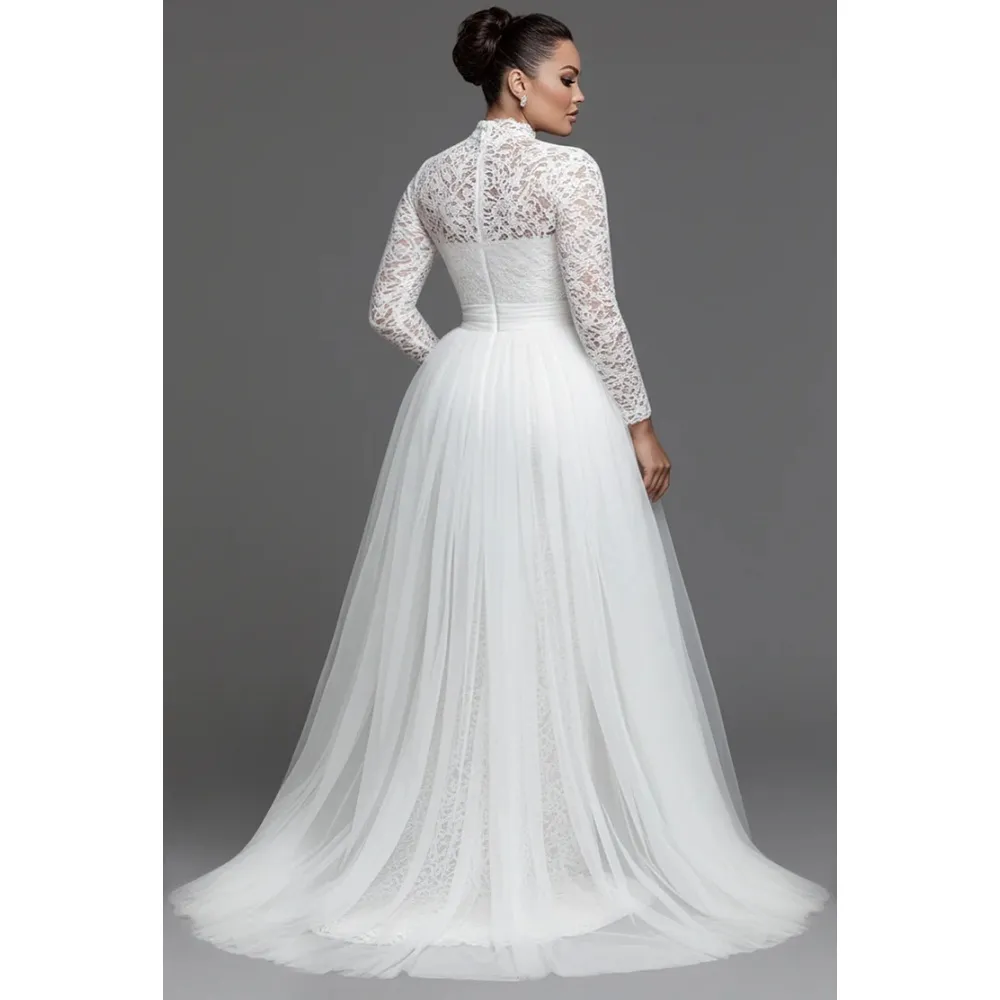 Side Slit Sheath Lace Wedding Dresses With Detachable Skirt 2026 High Collar Long Sleeves Elegant Bridal Gowns Ivory Vestidos De Novia