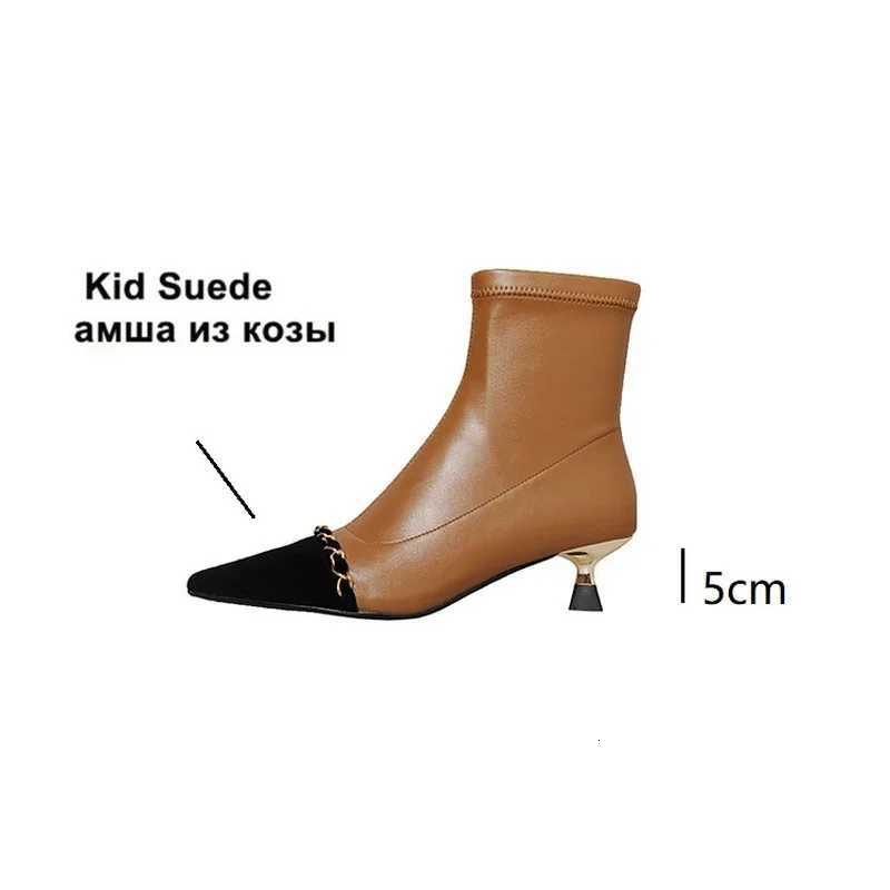 Fashion Ochanmeb Wen Luxury Designer Chain Mix-color Boots Sheep Suede Pointy Toe Kitten Heel Ankle Boot Nude Autumn Winter Shoe Botas Y251118