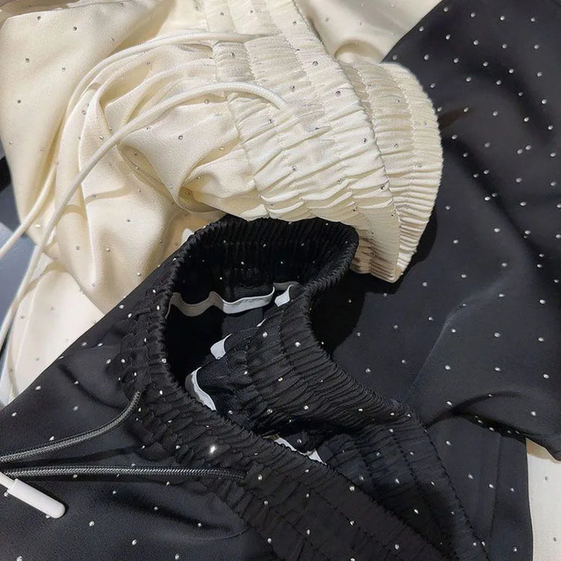 Womens Waist Wide Leg Trousers Women Fashion Full Rhinestone Straight Ladies High Quality Satin Casual Pants 2 Z260314