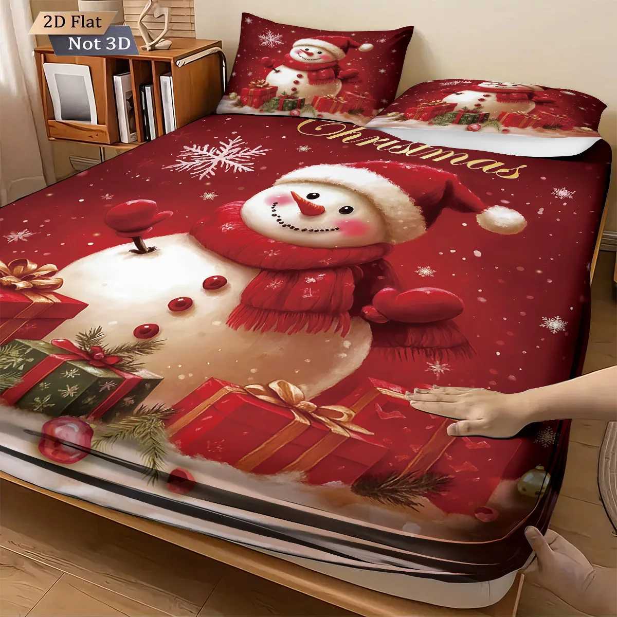 3pcs Christmas Snowman Red Printed Chipless Bed Sheet Set Multi Size Soft Bed Cover Bedroom Bedding Decoration Machine WashableM251118