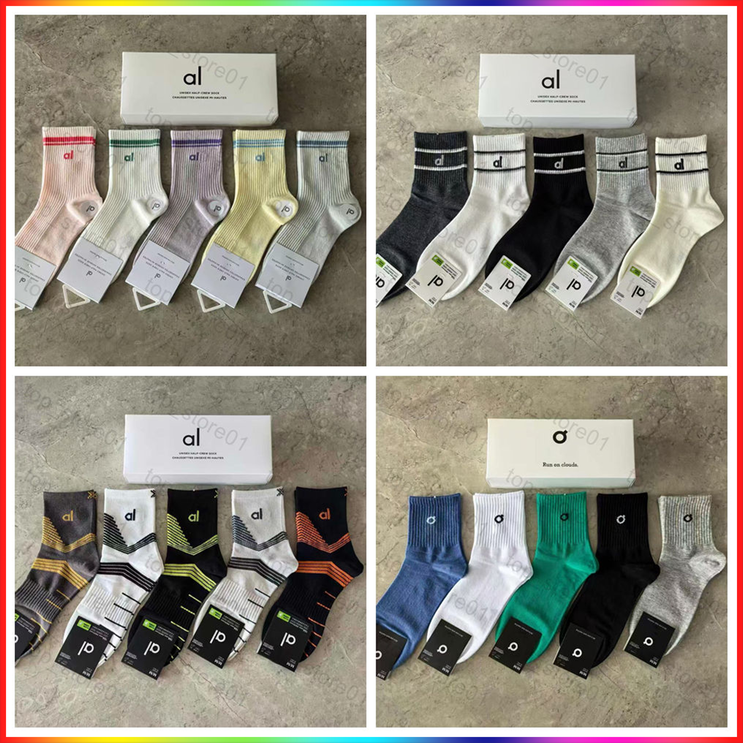 2025 Alosocklys Female Designer Men's Socks Breathable Short Ankle Elastic Solid Color Quality Cotton Unisex Looped High Street Sports Yoga Stretchy Socks