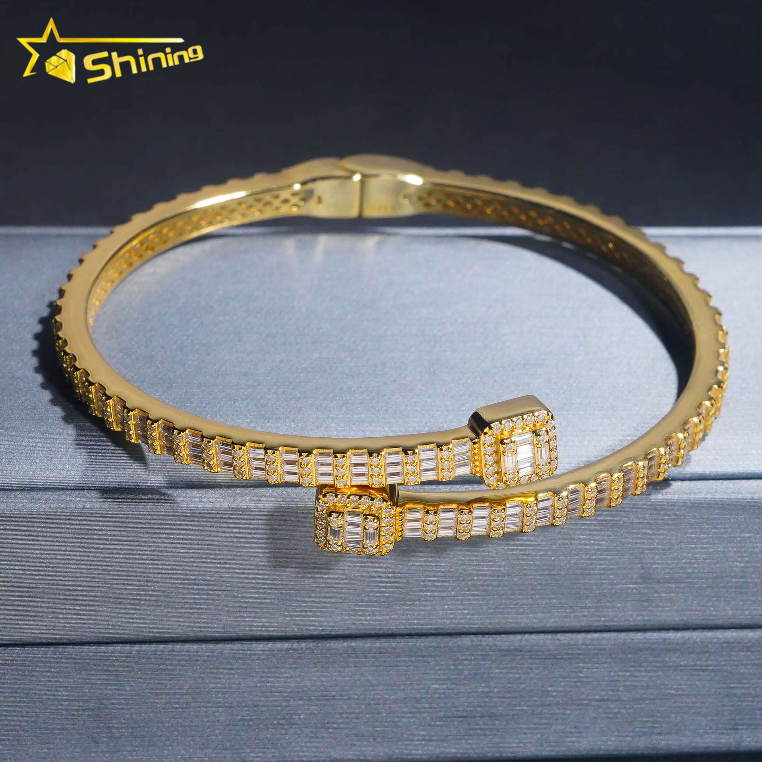Ready Shipping Fine Jewelry S Sier Gold Plated VVS Baguette Moissanite Dia Bangle Bracelet GRA Certificated