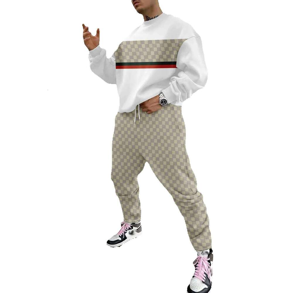 3D Printed Round Neck Drop Shoulder Sweatshirt And Joggers Two-Piece Set, Casual Sport Men's Outfit, Can Be Used As A Gift, Jogging Pants