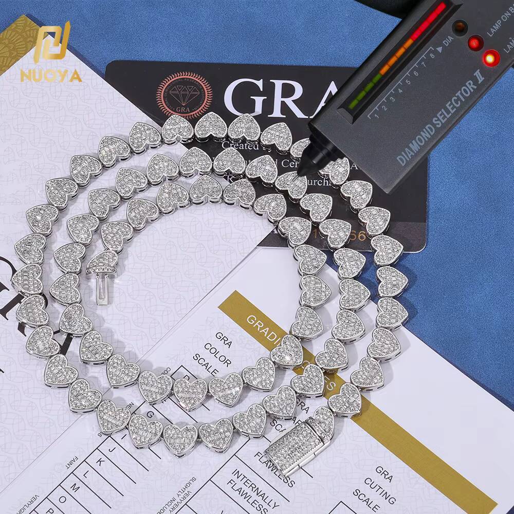 NUOYA 8mm Mixed Inlay Iced Out Baguette Heart Tennis Chain 925 Silver VVS Moissanite Necklace Hip Hop Womens Fine Jewelry