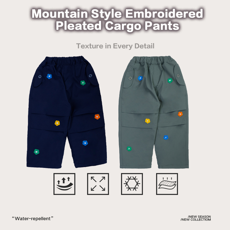 Kids' Mountain Style Embroidered Pleated Cargo Pants, Water-Repellent Textured Outdoor Multi-Pocket Trousers, New Season Hiking & Daily Wear 25AG