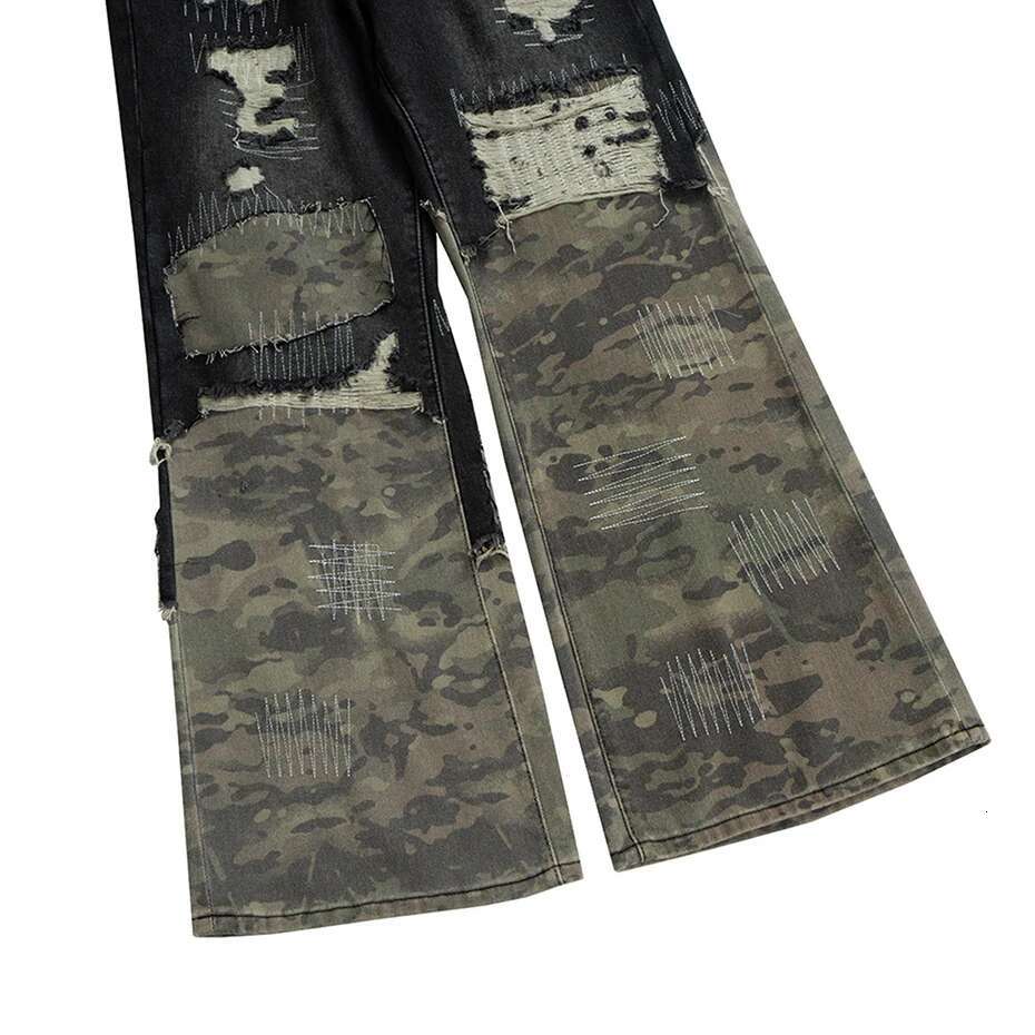 Camouflage Patchwork Vintage Ripped Splicing Flared Denim Pants Men Streetwear Hip Hop Blue Baggy Jeans Trousers