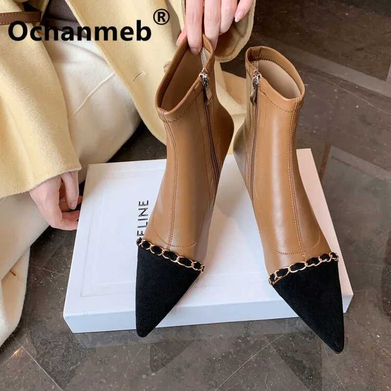 Fashion Ochanmeb Wen Luxury Designer Chain Mix-color Boots Sheep Suede Pointy Toe Kitten Heel Ankle Boot Nude Autumn Winter Shoe Botas Y251118
