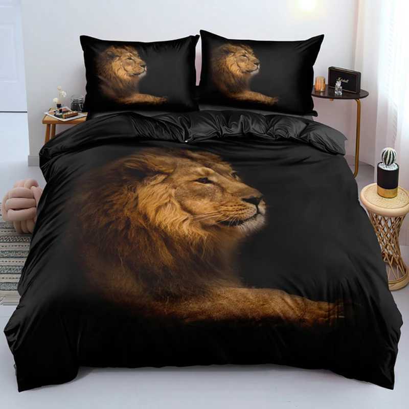 Lion Tiger King Queen Duvet Cover Lovely Wild Animals Bedding Set For Kids Teens Adults Wildlife Grey Black 2/3pcs Quilt CoverM251118