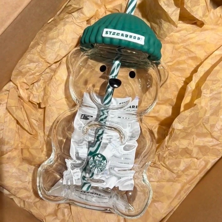 20oz Glass Bear Tumblers Cup with Straw Cute Transparent Glass Cup with Hat Iced Coffee Cold Drink Gift Water Bottle