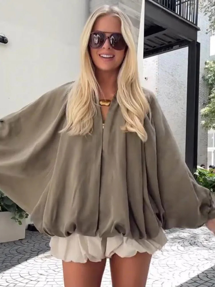 Fashionable womens solid loose suede jacket fashionable bubble long sleeved lapel zipper oversized pleated Year 250418