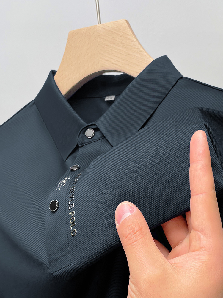 Summer Business Casual High-End Quality Short Sleeve Polo Shirt Solid Color Ice Silk Elasticity Printing Lapel Collar Clothing 240709