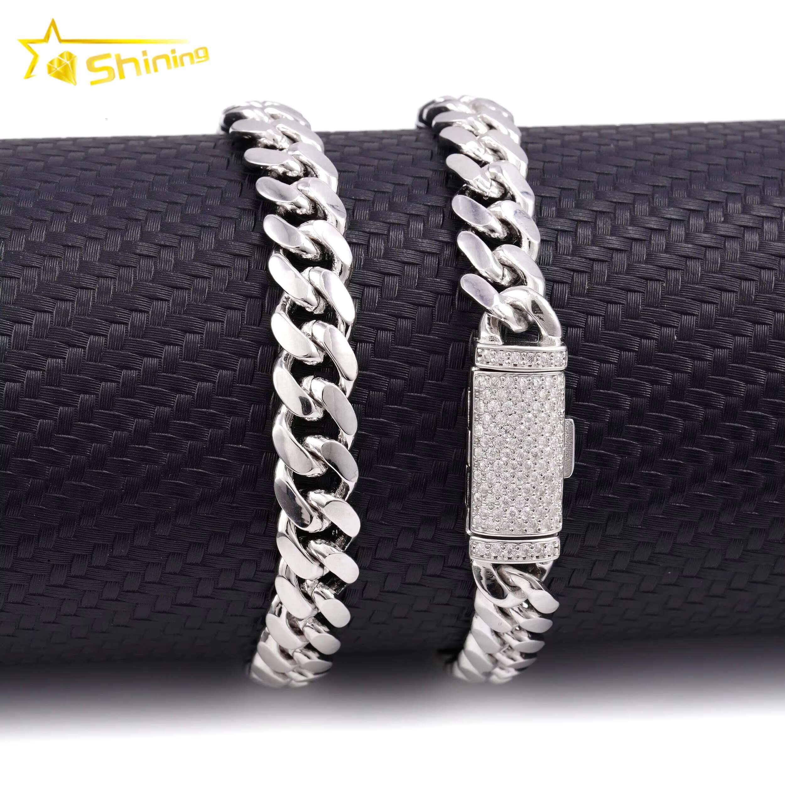 Wholesale 8MM Dia Moissanite Lock Hip Hop Sier Plain Miami Cuban Link Chain Bracelet