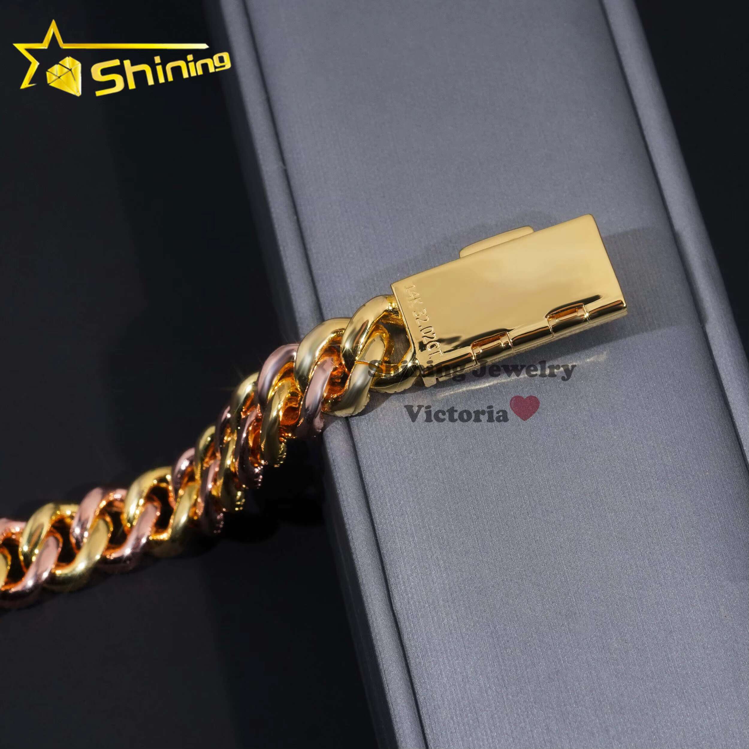 Hip Hop Iced Out Sterling Sier Rose Mix Yellow Gold 13MM Width Baguette Moissanite Cuban Link Chain Bracelet for Men