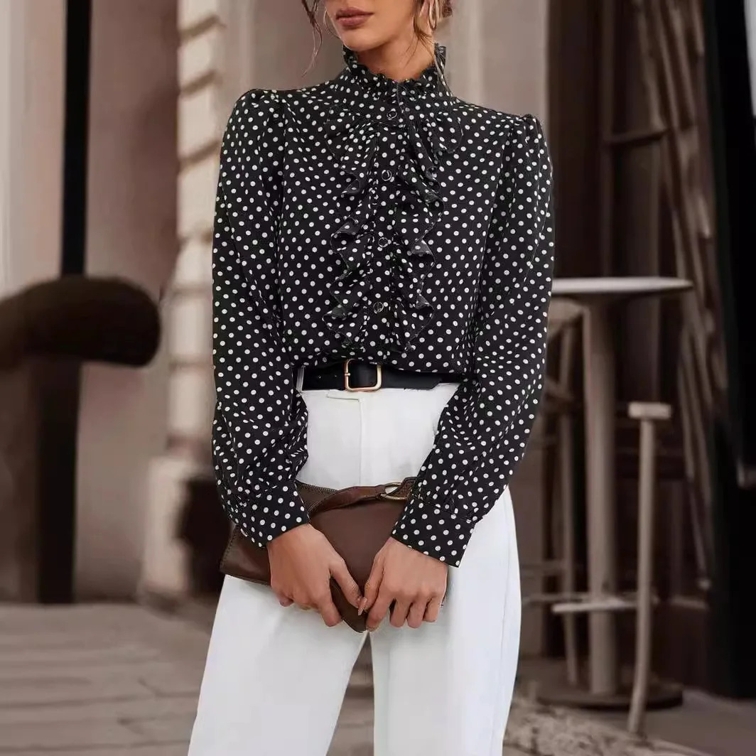 Spring Summer Long Sleeve Button Shirt Fashion Polka Dot Print Ruffle Women Shirts Blouses Elegant Office Lady Casual Top 250417