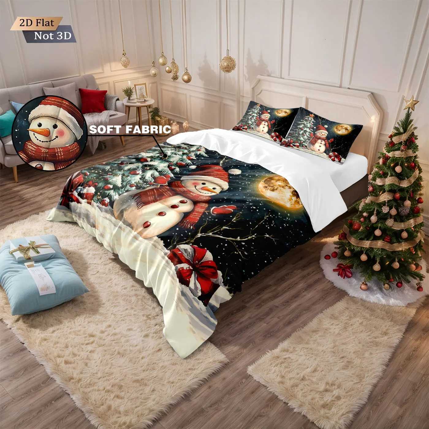 3pcs Christmas snowman reindeer red print coreless duvet set multi size bedroom bedding holiday decoration soft machine washableM251118