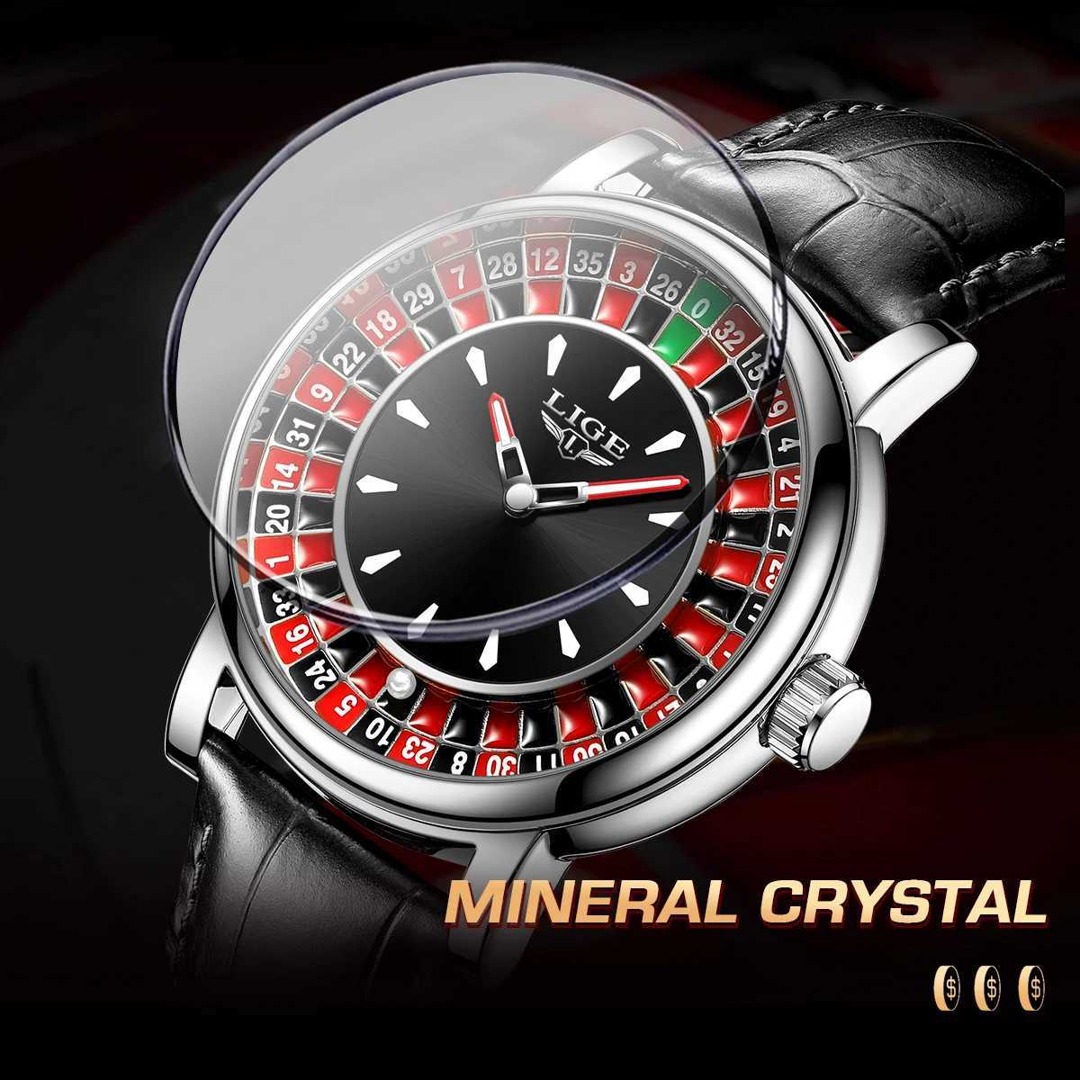 LIGE Outdoor Fashion Quartz Mens Watch Leather Casual Retro Creative Gambling Table Roulette Gaming Dial Waterproof Mens Watch M250418