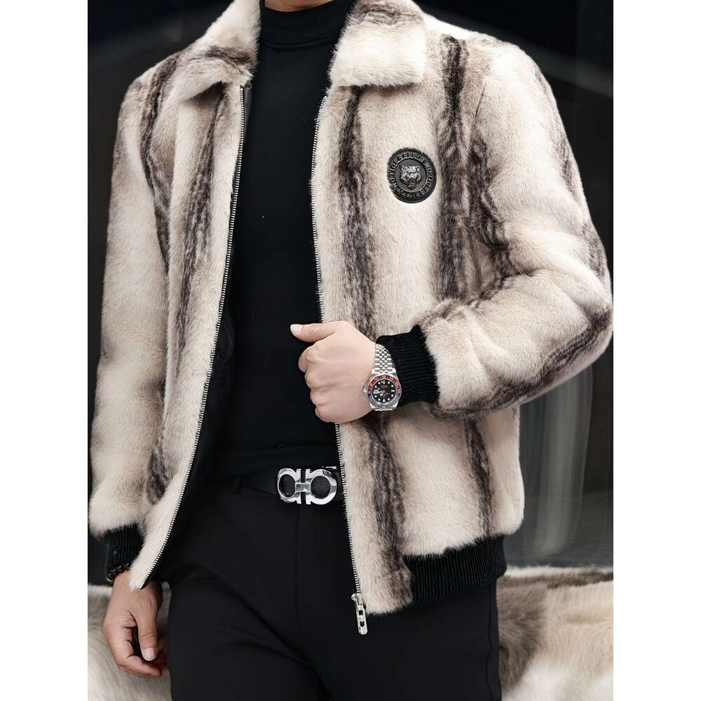 Casual Formal Wear Men's Faux Fur Coat - Winter Warm Color-Block Lapel Collar Jacket, Black & Beige Contrast, Zipper Closure, Regular Fit, Polyes
