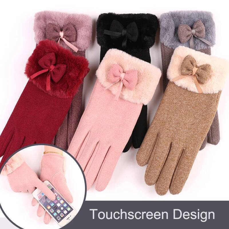 Cute Bow-Knot Glove Fashion Girl Winter Thicken Mittens Women Driving Keep Warm Hand Youth Female Touch Screen Gloves ddmynov