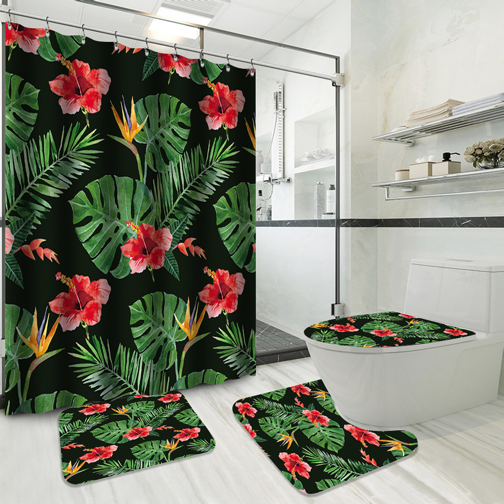 YL-37740 Hot Selling Shower Curtain 4-Piece Set, Green Plant Series, Waterproof and Mildew-Proof Shower Curtain, No Drilling Required