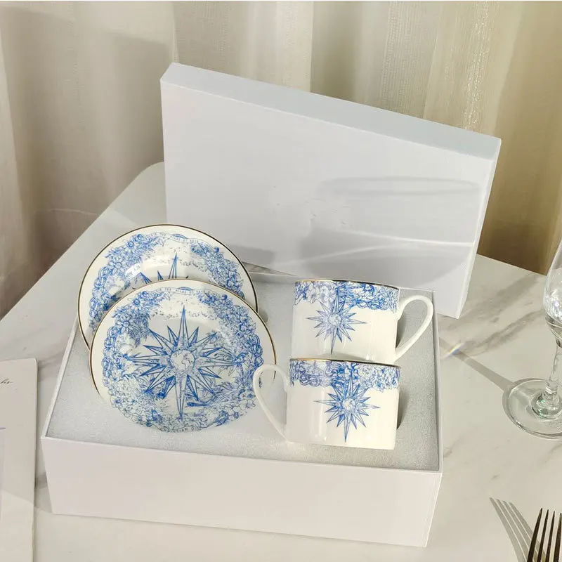 European Ceramics Coffee Cup Blue Lucky Star Dining Plate Luxury Starry Universe Tableware Afternoon Tea Deserttray Gift Box