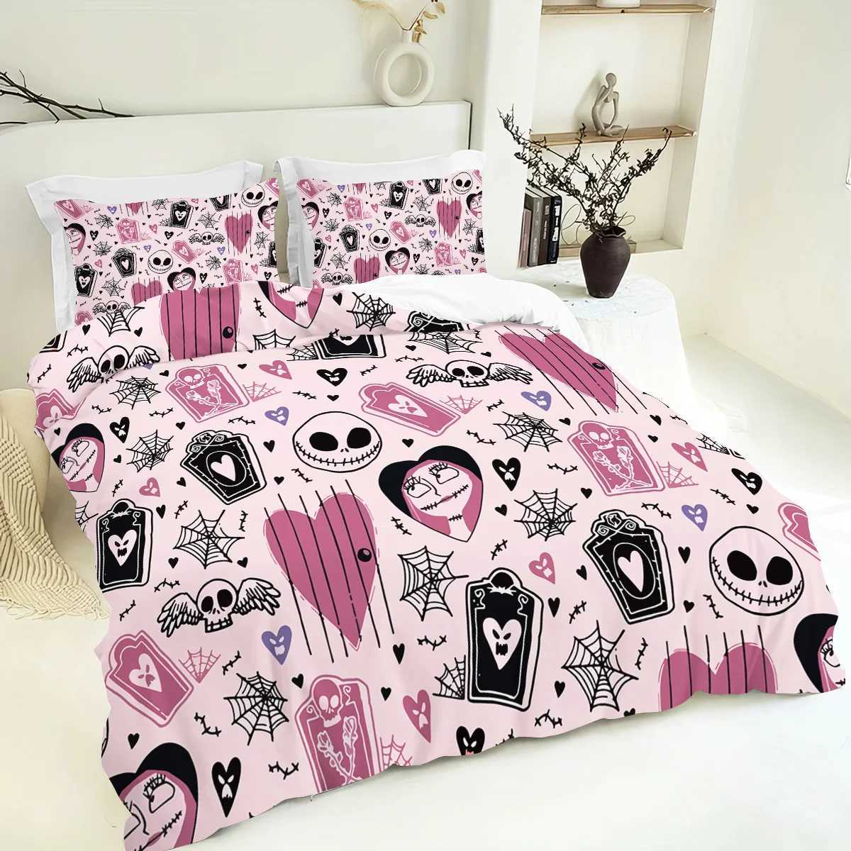 3-piece Halloween themed pink cute skull and heart-shaped pattern duvet cover set 1 duvet cover2 cases corelessM251118