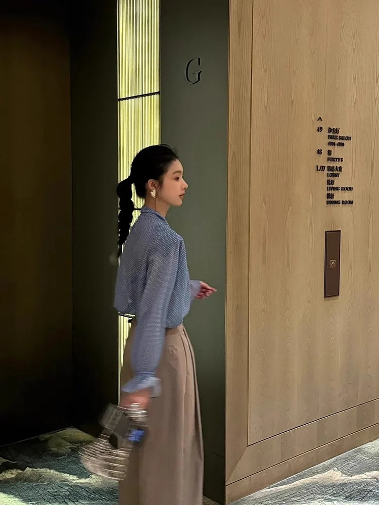 Ribbon V-Neck Blue Polka Dot Shirt For WomenS 2025 Spring/Summer French Style Unique Temperament Top 250417