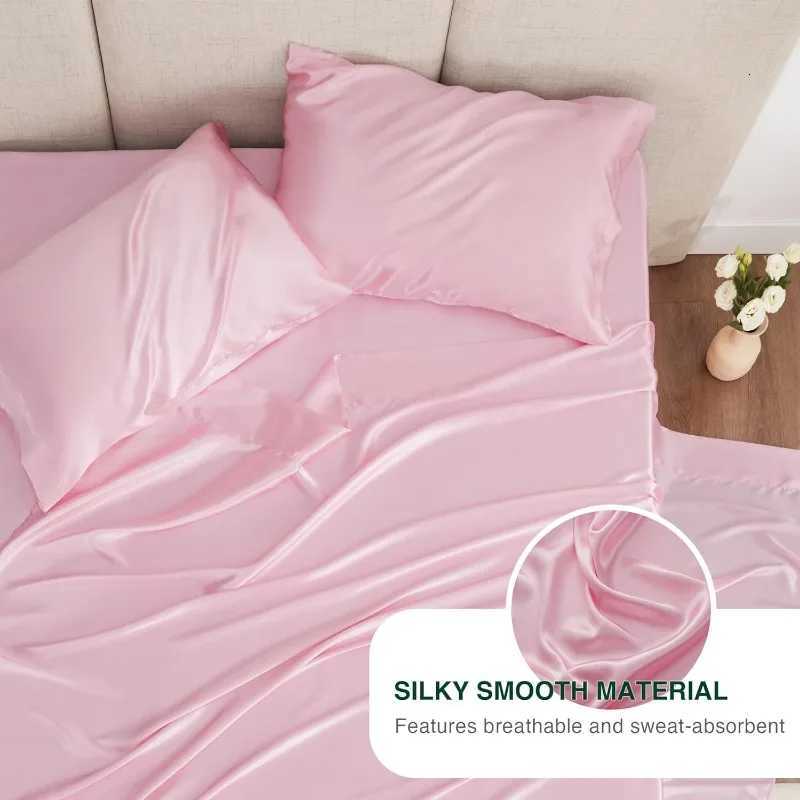 4 Piece Pink Silky Satin Bed Sheets Queen Set with Deep PocketM251118